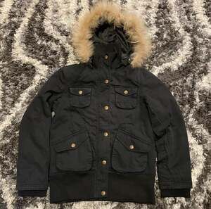 90ans Black Winter Parka Jacket with Faux Fur Hood - Medium
